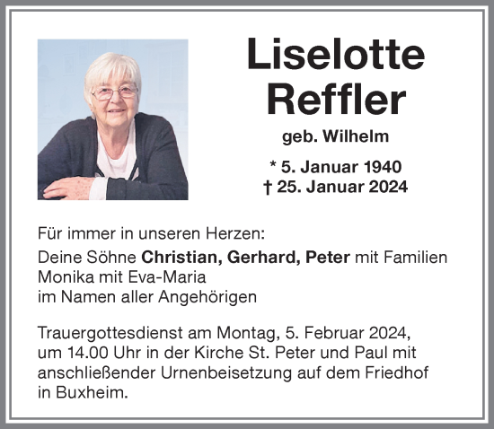 Traueranzeige von Liselotte Reffler von Allgäuer Zeitung,Kempten