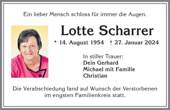 Traueranzeige von Lotte Scharrer von Allgäuer Zeitung, Kaufbeuren/Buchloe