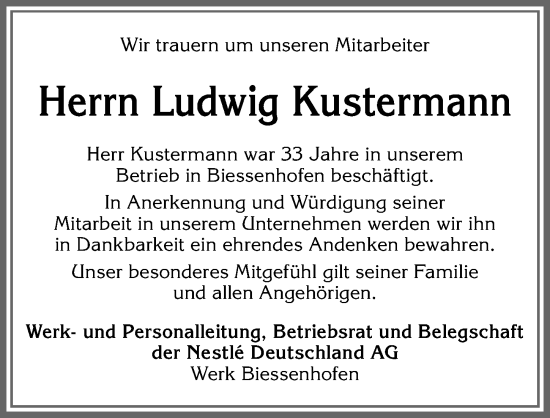 Traueranzeige von Ludwig Kustermann von Allgäuer Zeitung, Kaufbeuren/Buchloe