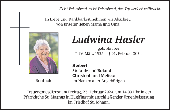 Traueranzeige von Ludwina Hasler von Allgäuer Anzeigeblatt