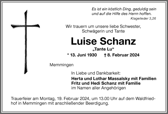 Traueranzeige von Luise Schanz von Memminger Zeitung