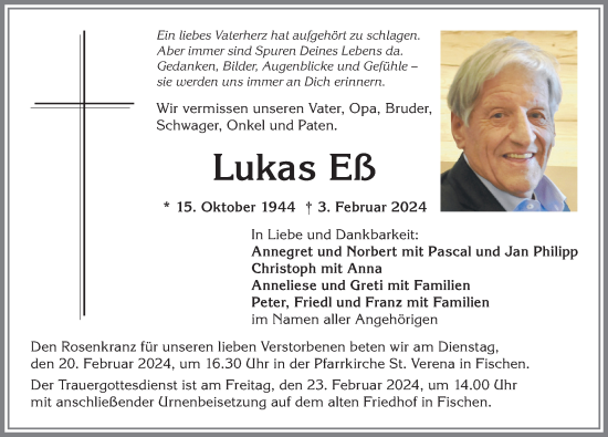 Traueranzeige von Lukas Eß von Allgäuer Anzeigeblatt
