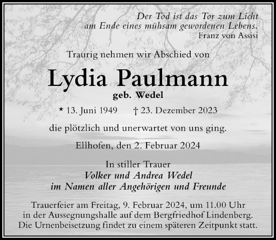 Traueranzeige von Lydia Paulmann von Der Westallgäuer
