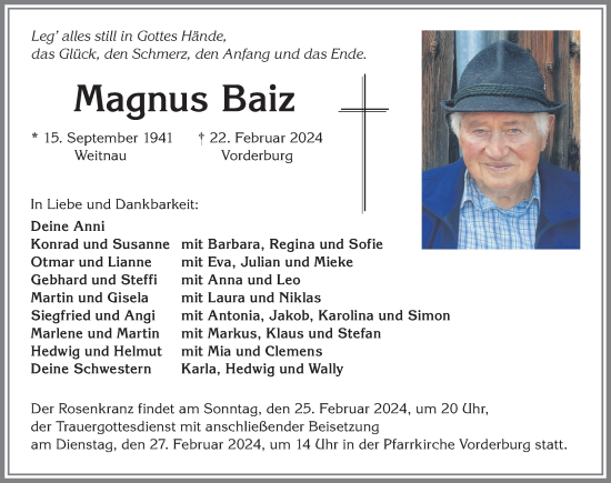 Traueranzeige von Magnus Baiz von Allgäuer Anzeigeblatt