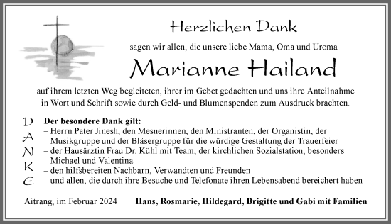 Traueranzeige von Maktianne Hailand von Allgäuer Zeitung, Marktoberdorf