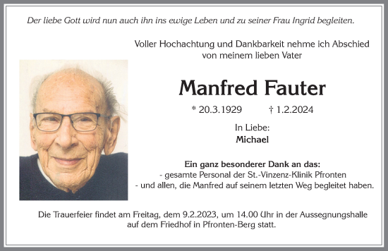 Traueranzeige von Manfred Fauter von Allgäuer Zeitung, Füssen