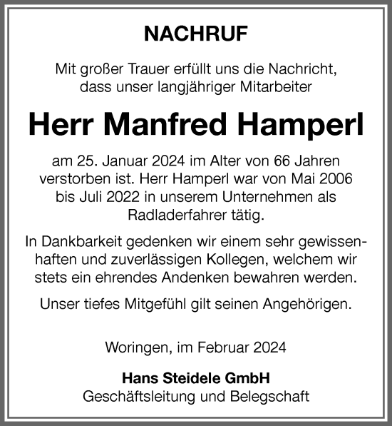 Traueranzeige von Manfred Hamperl von Memminger Zeitung