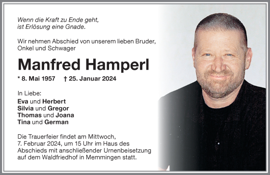 Traueranzeige von Manfred Hamperl von Memminger Zeitung