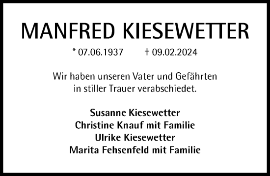 Traueranzeige von Manfred Kisewetter von Allgäuer Zeitung, Kaufbeuren/Buchloe