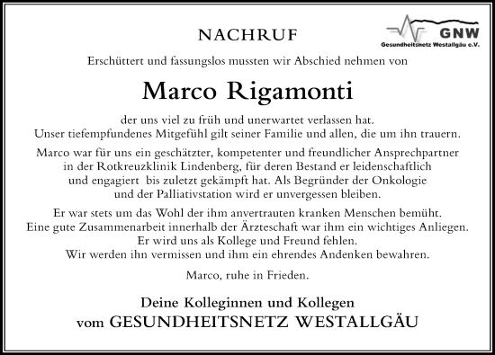 Traueranzeige von Marco Rigamonti von Der Westallgäuer