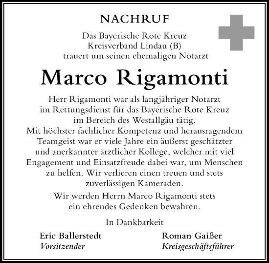 Traueranzeige von Marco Rigamonti von Der Westallgäuer