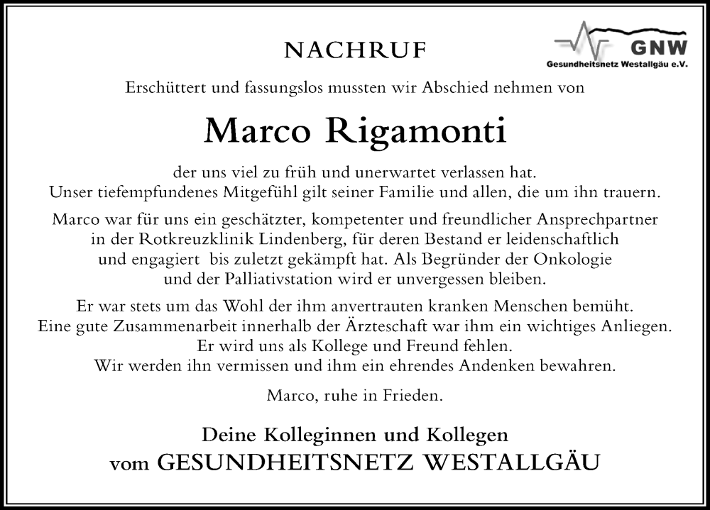  Traueranzeige für Marco Rigamonti vom 09.02.2024 aus Der Westallgäuer