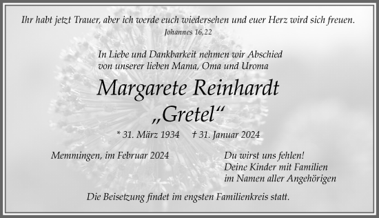 Traueranzeige von Margarete Reinhardt von Memminger Zeitung