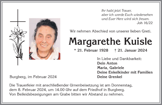 Traueranzeige von Margarethe Kuisle von Allgäuer Anzeigeblatt