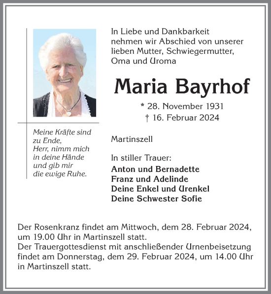 Traueranzeige von Maria Bayrhof von Allgäuer Zeitung,Kempten