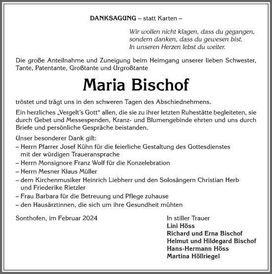 Traueranzeige von Maria Bischof von Allgäuer Anzeigeblatt