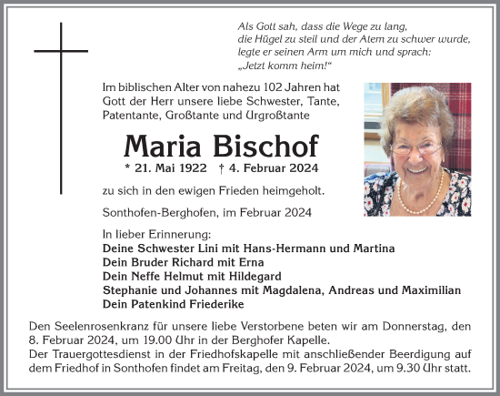 Traueranzeige von Maria Bischof von Allgäuer Anzeigeblatt