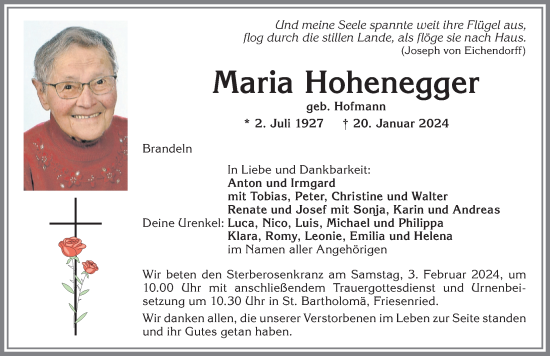 Traueranzeige von Maria Hohenegger von Allgäuer Zeitung, Kaufbeuren/Buchloe