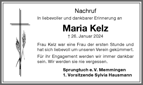Traueranzeige von Maria Kelz von Memminger Zeitung