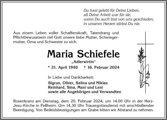 Traueranzeige von Maria Schiefele von Memminger Zeitung
