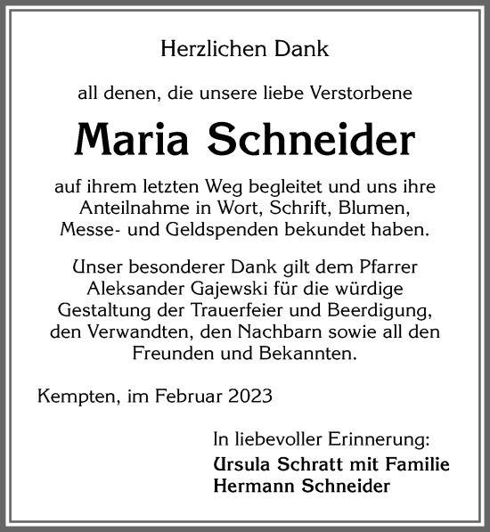 Traueranzeige von Maria Schneider von Allgäuer Zeitung,Kempten