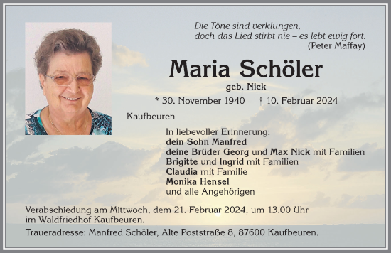 Traueranzeige von Maria Schöler von Allgäuer Zeitung, Kaufbeuren/Buchloe