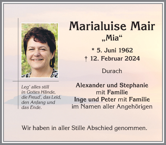 Traueranzeige von Marialuise Mair von Allgäuer Zeitung,Kempten
