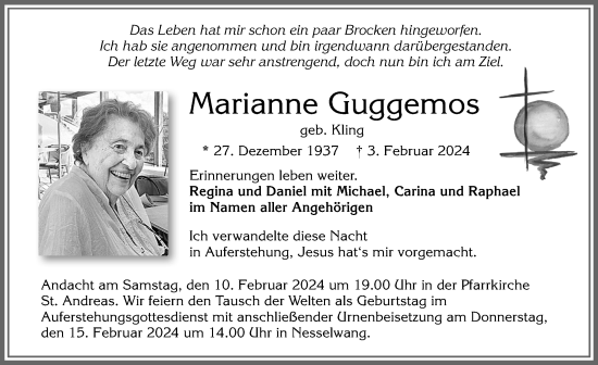 Traueranzeige von Marianne Guggemos von Allgäuer Zeitung, Füssen