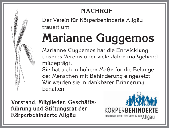 Traueranzeige von Marianne Guggemos von Allgäuer Zeitung, Füssen