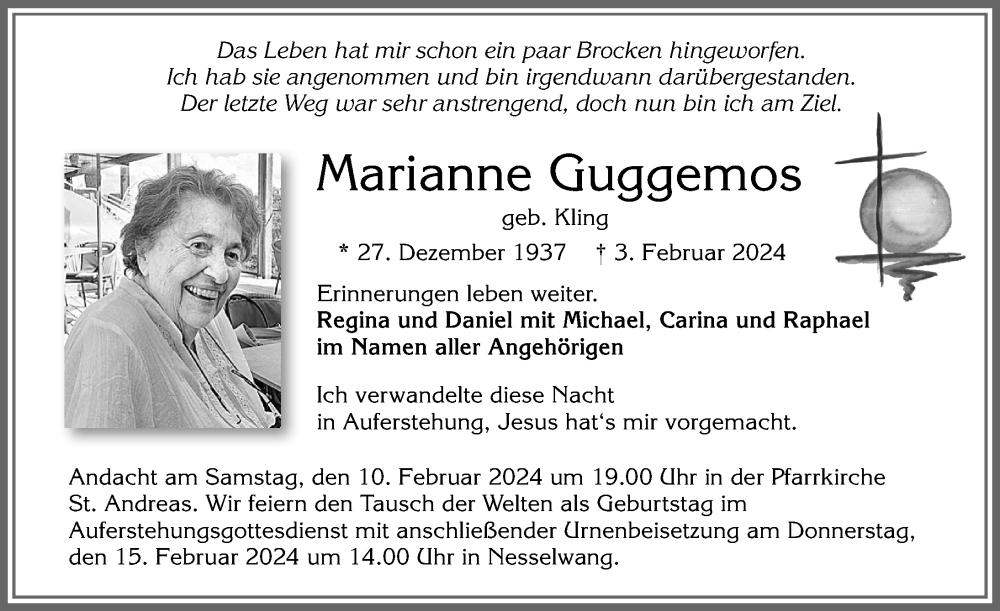  Traueranzeige für Marianne Guggemos vom 08.02.2024 aus Allgäuer Zeitung, Füssen