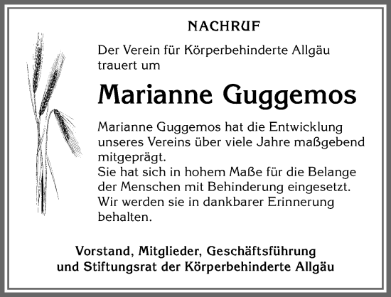 Traueranzeige von Marianne Guggemos von Allgäuer Zeitung, Füssen