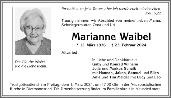 Traueranzeige von Marianne Waibel von Allgäuer Zeitung,Kempten