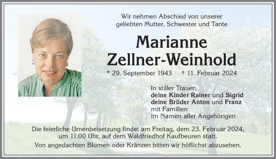 Traueranzeige von Marianne Zellner-Weinhold von Allgäuer Zeitung, Kaufbeuren/Buchloe