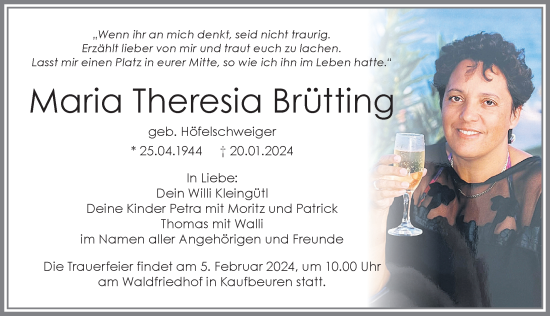 Traueranzeige von Maria Theresia Brütting von Allgäuer Zeitung, Kaufbeuren/Buchloe