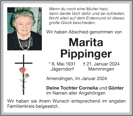 Traueranzeige von Marita Pippinger von Memminger Zeitung