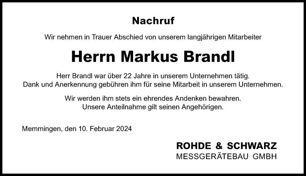  Traueranzeige für Markus Brandl vom 10.02.2024 aus Memminger Zeitung