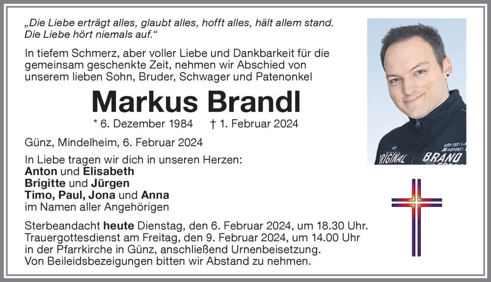  Traueranzeige für Markus Brandl vom 06.02.2024 aus Memminger Zeitung