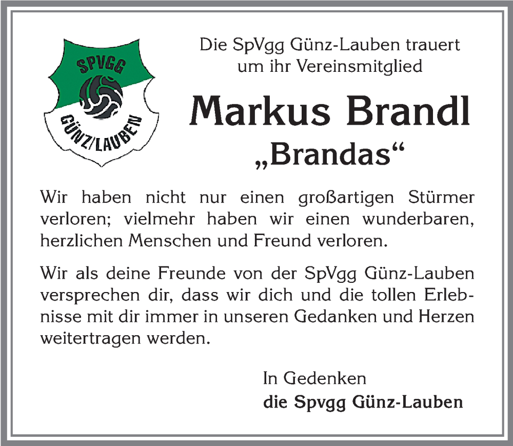  Traueranzeige für Markus Brandl vom 10.02.2024 aus Memminger Zeitung
