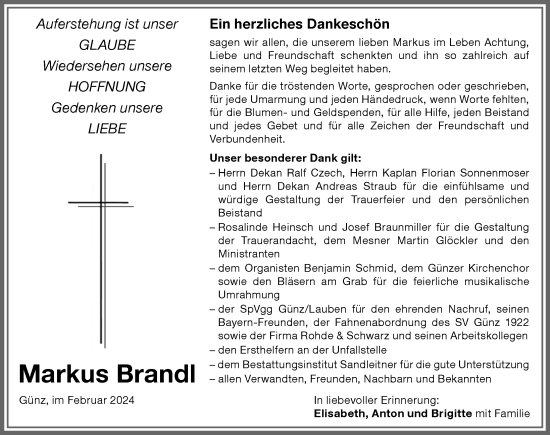 Traueranzeige von Markus Brandl von Memminger Zeitung