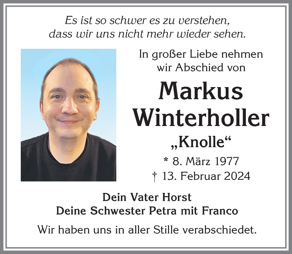  Traueranzeige für Markus Winterholler vom 24.02.2024 aus Allgäuer Zeitung,Kempten