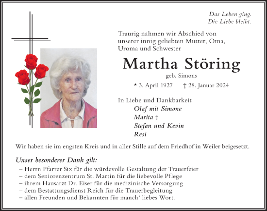 Traueranzeige von Martha Störing von Der Westallgäuer