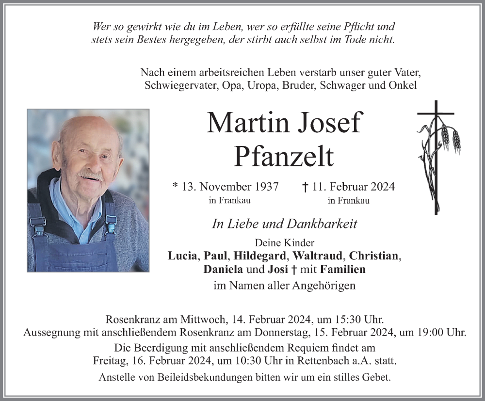  Traueranzeige für Martin Josef Pfanzelt vom 14.02.2024 aus Allgäuer Zeitung, Marktoberdorf