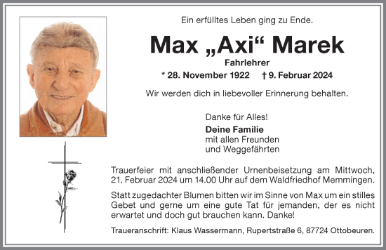 Traueranzeige von Max Marek von Memminger Zeitung