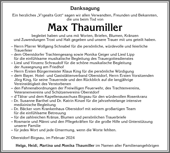 Traueranzeige von Max Thaumiller von Allgäuer Anzeigeblatt
