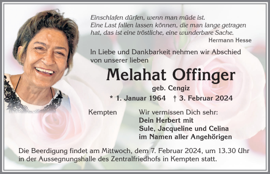 Traueranzeige von Melahat Offinger von Allgäuer Zeitung,Kempten