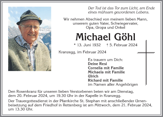 Traueranzeige von Michael Göhl von Allgäuer Anzeigeblatt