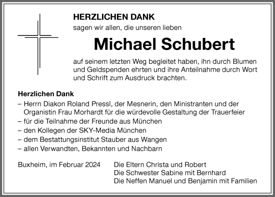 Traueranzeige von Michael Schubert von Memminger Zeitung