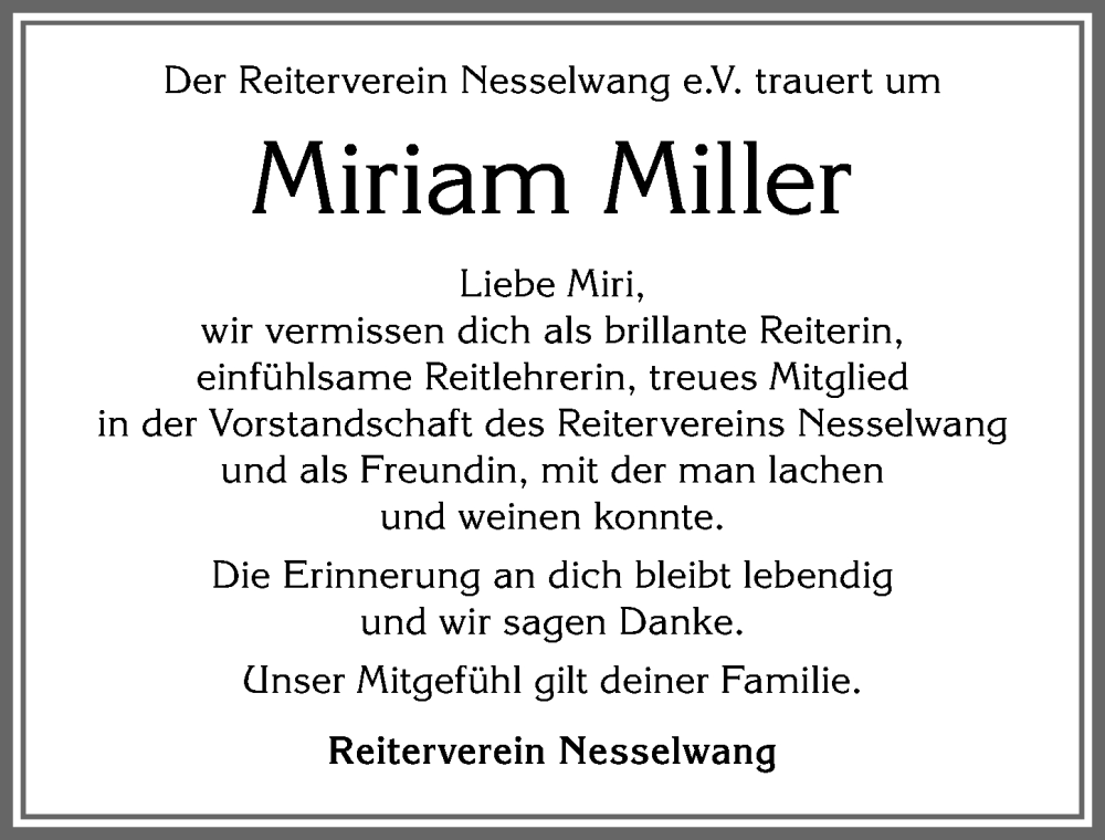  Traueranzeige für Miriam Miller vom 17.02.2024 aus Allgäuer Zeitung, Füssen