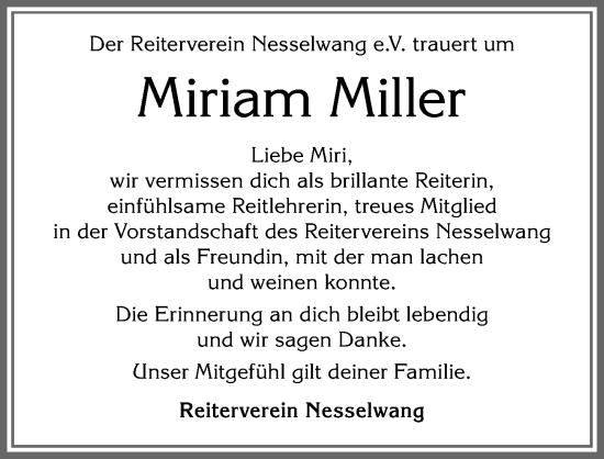 Traueranzeige von Miriam Miller von Allgäuer Zeitung, Füssen