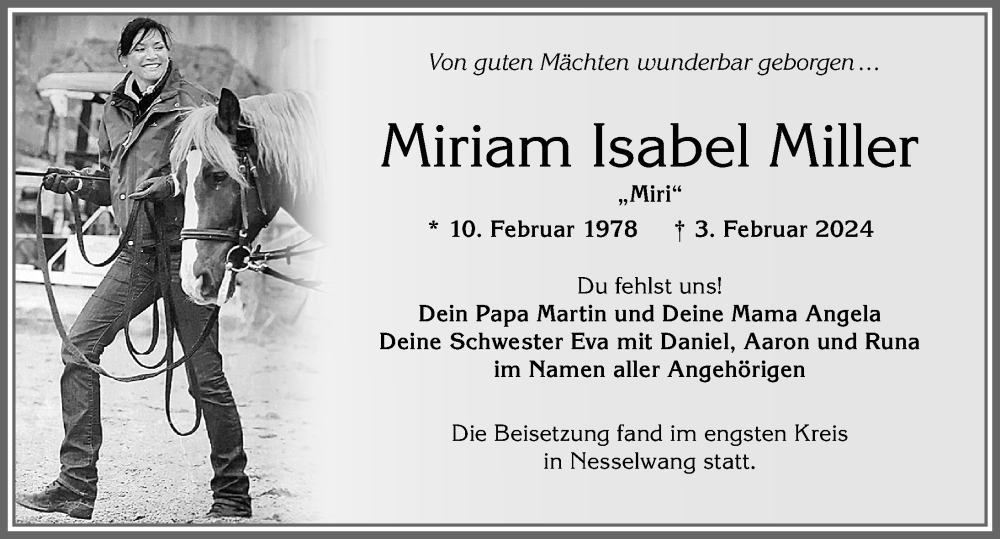  Traueranzeige für Miriam Isabel Miller vom 10.02.2024 aus Allgäuer Zeitung,Kempten